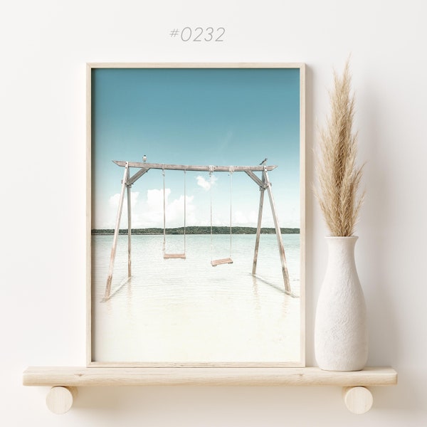 Printable photo of a beach swing, tropical beach photo, Coastal print, Ocean wall art, Instant Download