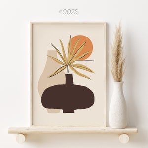 Abstract boho print of a vase with leaves, Printable mid-century modern wall art, Bohemian decor, Instant Download