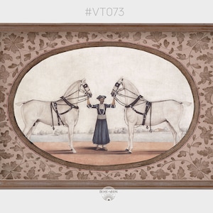Printable Vintage painting of an Indian man with two white horses, antique Mughal art, neutral boho decor, Instant Download #VT073