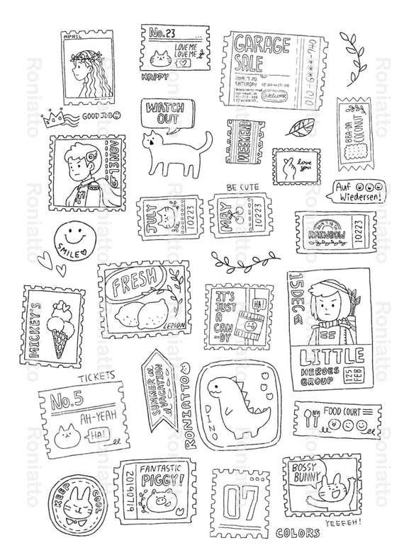 printable stamps coloring page color your own stickers diy etsy
