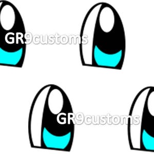 May include: Four cartoon-style eye designs. Each eye is black with a white highlight and a turquoise lower section. The text "GR9customs" is printed in white on two of the eyes. The background is white.