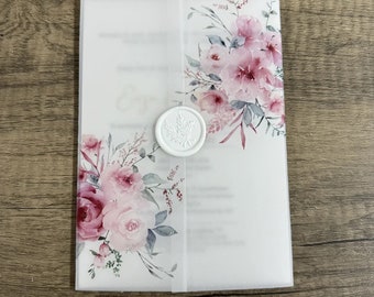 Printed Floral Vellum Jacket, Elegant Wedding Invitation, Luxury Vellum Wrap, Vellum Jacket A5, Vellum Wrap 5X7, DIY Invitations | Pink