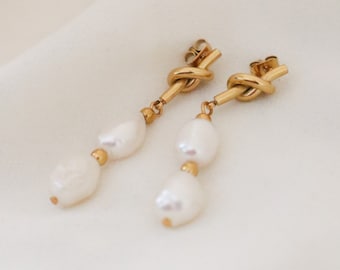 Gold Pearl Earrings - Dangle Pearl Earrings - Chunky Gold Earrings - Real Pearl Earrings - Small Pearl Knot Earrings -Waterproof Earrings