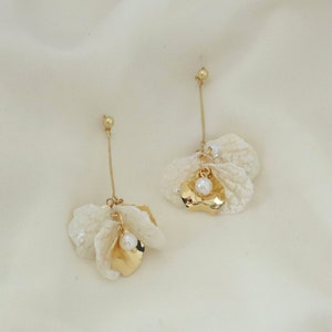 Pearl drop earrings -  Floral petal earrings - Gold earrings - Statement earrings