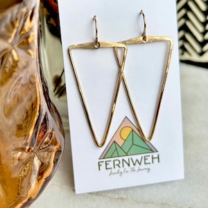 May include: Gold-colored, geometric triangle earrings. The earrings are displayed on a white card with the logo "FERNWEH Jewelry For The Journey" featuring a mountain and sun design. The earrings have a simple, modern design.