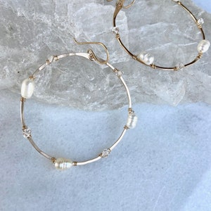 Pearl and Herkimer Diamond Hoops | Bridal Hoops | 14k Gold Fill | Sterling Silver | 14k Rose Gold Fill