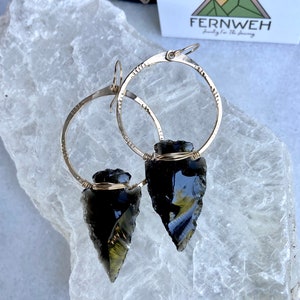 Obsidian Arrowhead Hoops | 14k Gold Fill | Sterling Silver | 14k Rose Gold Fill
