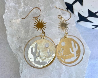 Rustic Desert Earrings| Southwestern | Cactus | Sunset | Brass | 14k Gold Filled Ear Hooks