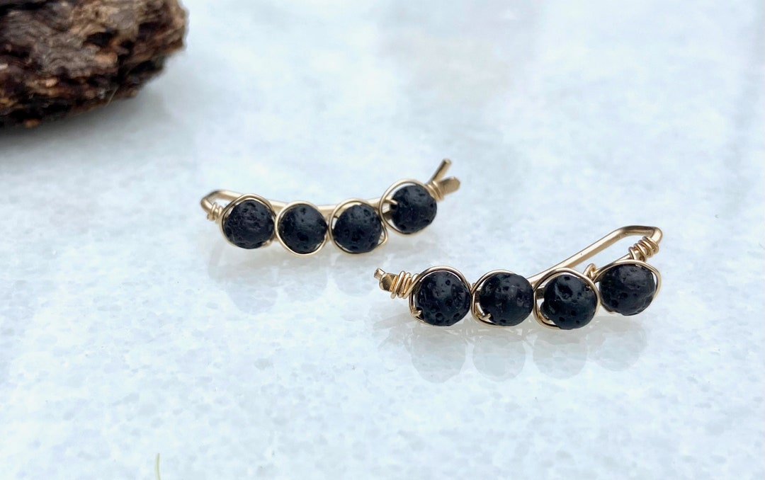 Deep Rocks For Ear Black Ear Climbers | Volcanic Stone | Sterling Silver | 14k Gold Filled ...