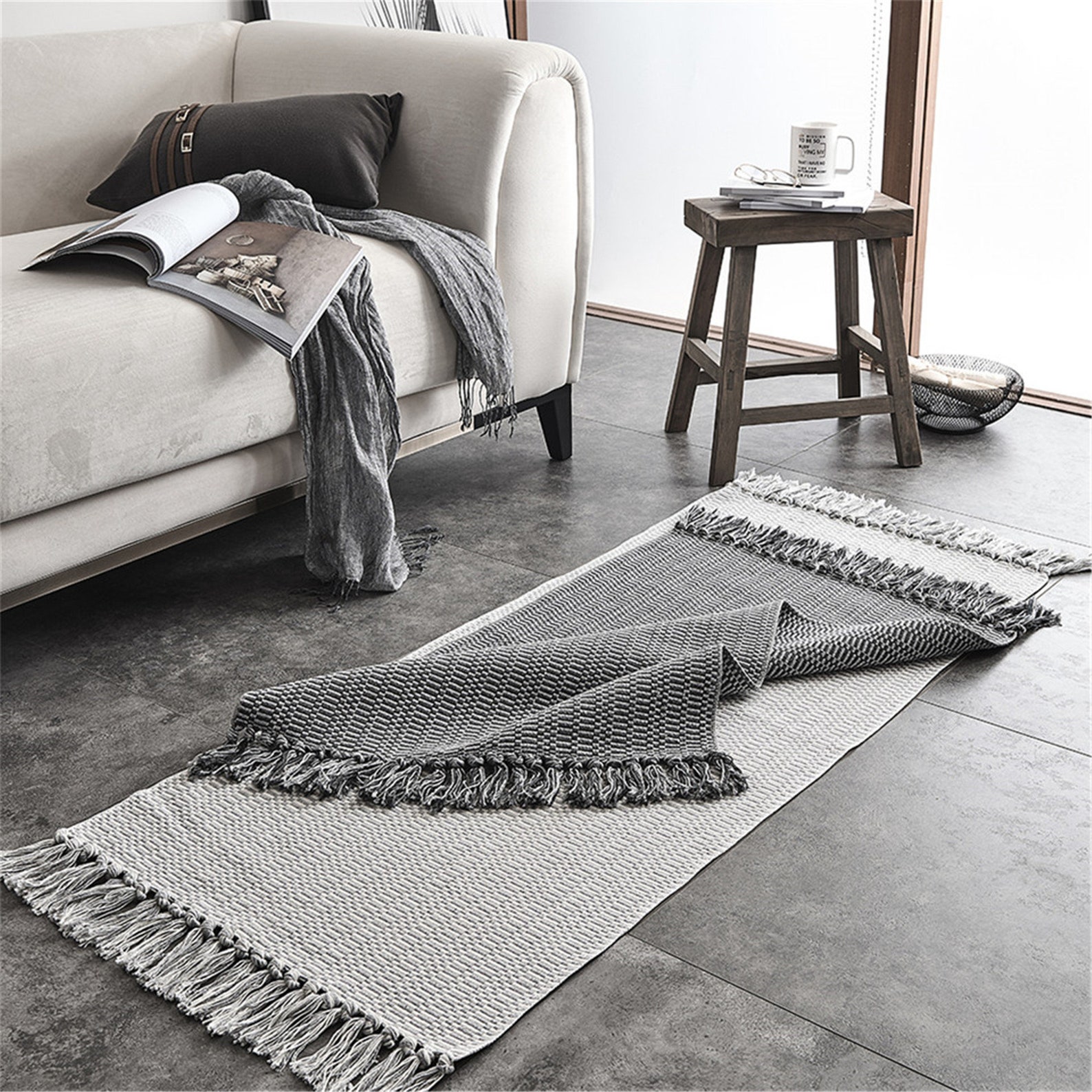 Gray Cotton And Linen Tassel Woven Carpet Bedroom Bedside Mat Etsy