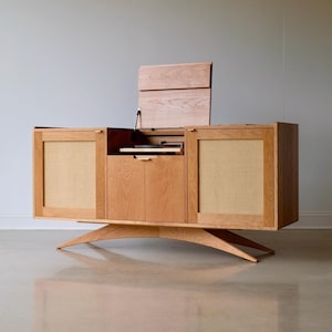 Bespoke Solid Wood Record Console, Handmade Vinyl Record Cabinet w/ Mesh Doors, Luxury Custom Designed Heirloom Furniture, The Monroe