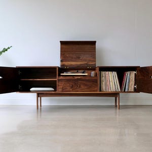 Solid Wood Record Console – Mid Century Modern Media Cabinet, Vinyl Storage, "The Kathryn" image 4