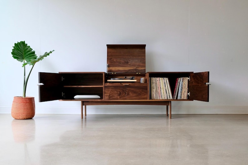 Solid Wood Record Console – Mid Century Modern Media Cabinet, Vinyl Storage, "The Kathryn" image 4
