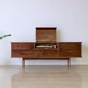 Solid Wood Record Console – Mid Century Modern Media Cabinet, Vinyl Storage, "The Kathryn" image 1