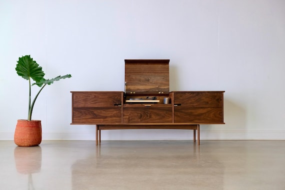 Solid Wood Record Console – Mid Century Modern Media Cabinet, Vinyl Storage, "The Kathryn"