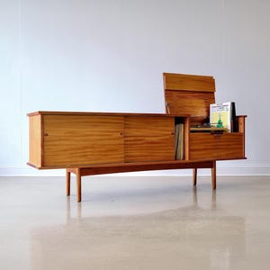 Heirloom Custom Solid Wood Vinyl Record Console, Record Player Cabinet, Mid Century Modern Media Storage, &quot;The Crosby&quot;