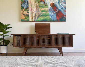 The Louvre + Turntable Lid | Mid-Century Modern Record Console | Handmade out of Solid Wood