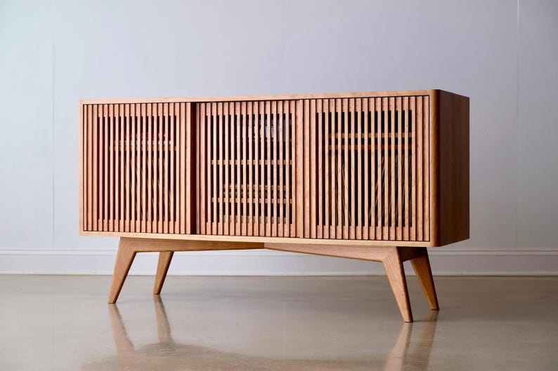 Consola de discos de madera maciza de mediados de siglo, mueble para tocadiscos, almacenamiento de vinilos, "The Presley" imagen 7