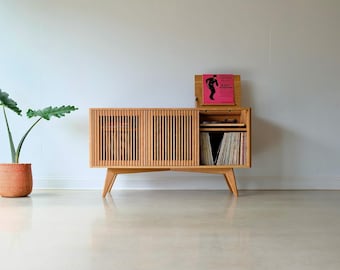 Mid Century Solid Wood Record Console, Turntable Media Cabinet, Vinyl Storage, "The Presley"