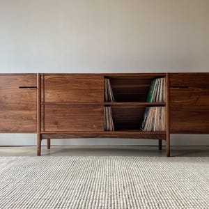 The Steinbeck | Solid Wood Vinyl Storage Cabinet | Mid Century Modern Record Credenza | Handcrafted Media Console