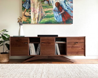 Handmade Solid Wood Record Console w/ Turntable Lid & Wine Rack – Custom Mid Century Modern Vinyl Storage, Luxury Media Cabinet, The Sinatra