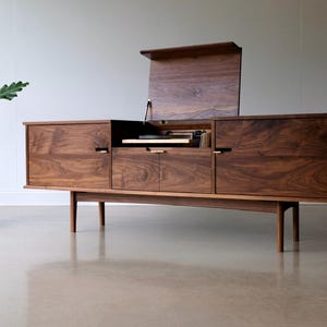 Solid Wood Record Console – Mid Century Modern Media Cabinet, Vinyl Storage, "The Kathryn" image 2