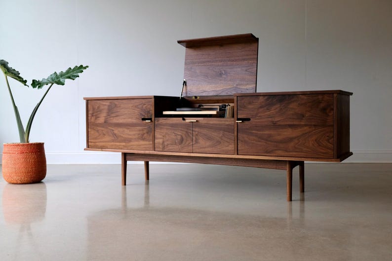 Solid Wood Record Console – Mid Century Modern Media Cabinet, Vinyl Storage, "The Kathryn" image 2