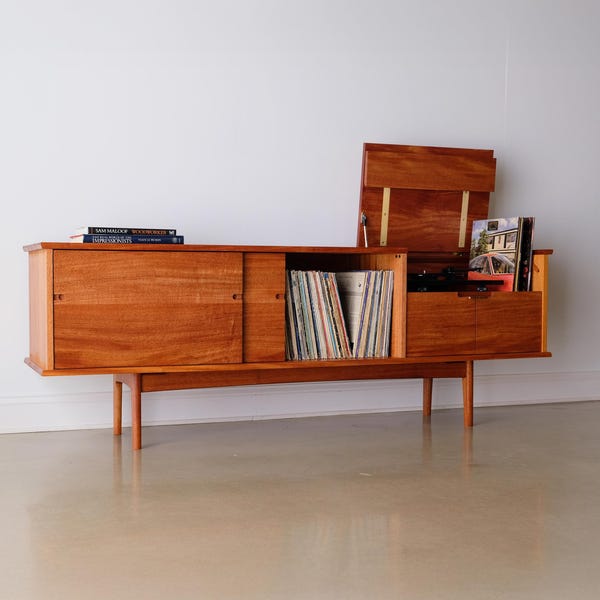 Heirloom Solid Wood Record Console, Mid Century Media Cabinet, "The Crosby"