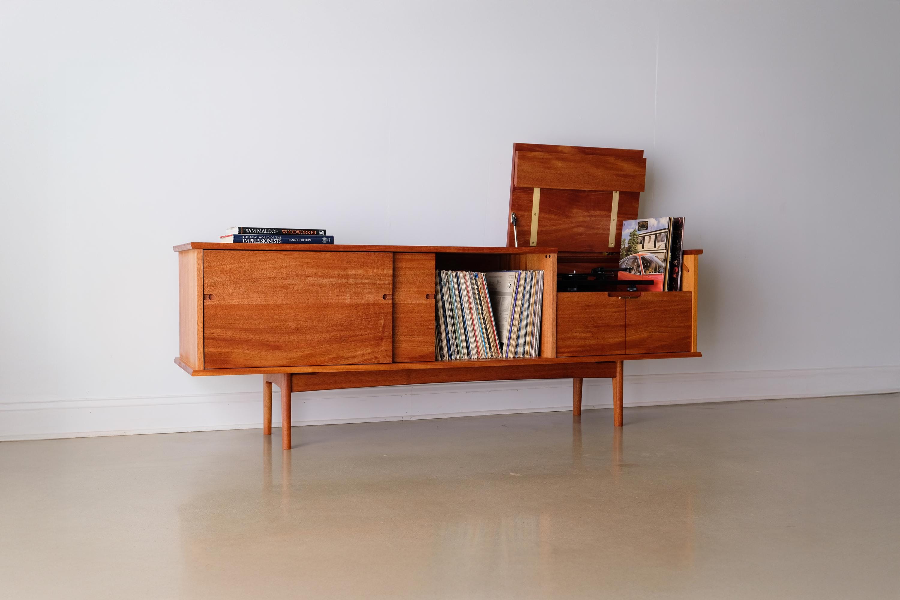 Heirloom Solid Wood Record Console, Mid Century Media Cabinet