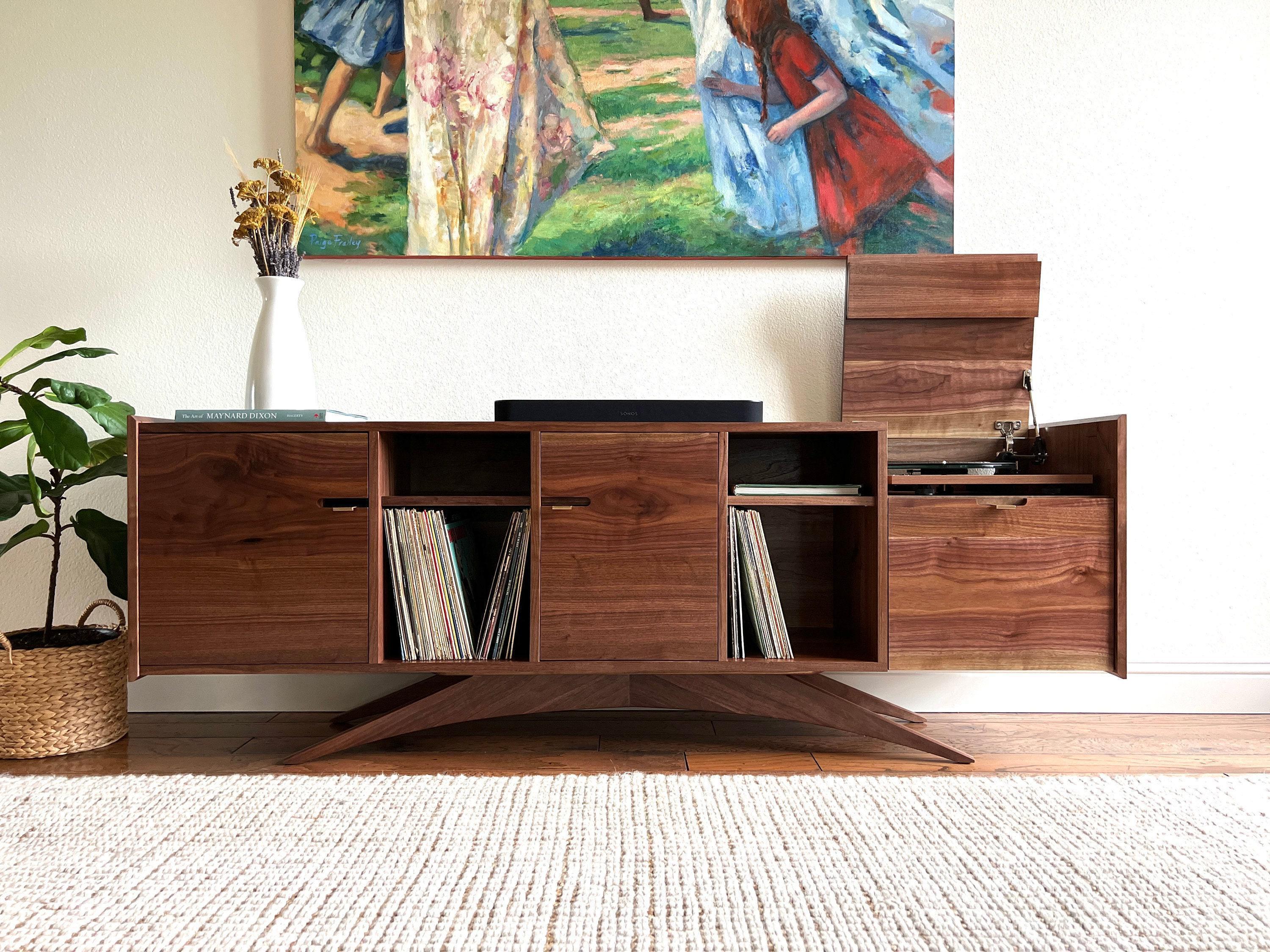 Solid Wood Record Console – Mid Century Modern Vinyl Storage