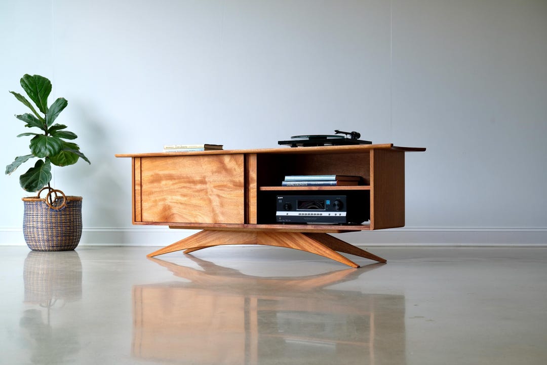 Solid Wood Mid Century Modern Record Console, Mahogany Media Storage ...