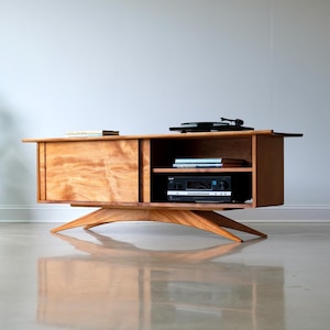 Handmade Custom Solid Wood Vinyl Record Media Console, Mid Century Modern Vinyl Record Storage Cabinet, Mahogany Media Console, The Jetson