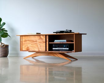 Handmade Custom Solid Wood Vinyl Record Media Console, Mid Century Modern Vinyl Record Storage Cabinet, Mahogany Media Console, The Jetson