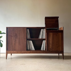 Bespoke Solid Wood Record Cabinet, Custom Designed Mid Century Vinyl Storage Console, Turntable & Vinyl Record Wood Cabinet, The Admiral