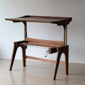 Hand-Powered Solid Wood Standing Desk, Custom Handcrafted Sit/Stand Desk in Walnut, Custom Solid Wood Executive Desk, The Everyday Desk