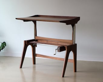 Hand-Powered Solid Wood Standing Desk, Custom Handcrafted Sit/Stand Desk in Walnut, Custom Solid Wood Executive Desk, The Everyday Desk