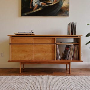 Luxury Mid Century Vinyl Record Console – Custom Cherry and Walnut Wood Media Storage Cabinet, Audiophile Furniture, The Austen