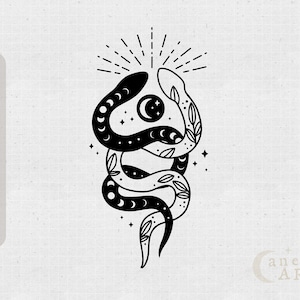 Cobra Celestial SVG, tatuagem de cobra floral svg, arquivos svg de cobra de fases da lua mística para cricut, clipart de cobra Boho Witchy PNG, uso comercial