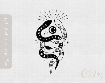 Celestial Snake SVG, Floral Snake tattoo svg, Mystical Moon Phases Snake svg files for cricut, Boho Witchy Snake clipart PNG, Commercial use