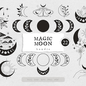 Bundle svg lune, Boho moon phases svg, fichier svg floral lune pour cricut, bohème lune clipart png, usage commercial, lune céleste