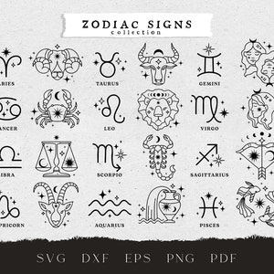 Celestial Zodiac Sign svg, magische Astrologie Horoskop svg-Dateien für Cricut, Witchy Zodiac Clipart png, Leo, Cancer, Gemini, Aquarius Sternzeichen