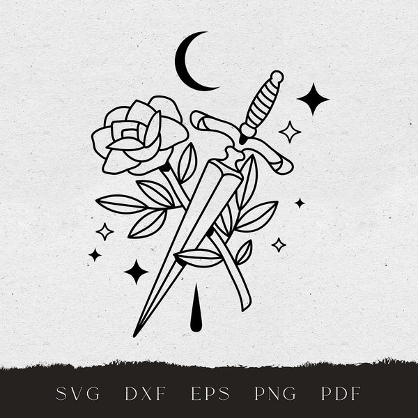 Celestial dagger with rose SVG, Valentines day sword svg, Celestial sword tattoo design PNG, Mystical floral dagger clipart, Floral svg