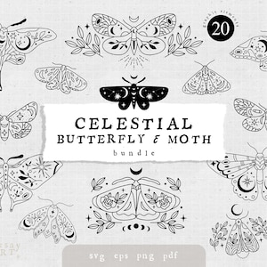 Bundle de papillons célestes et papillons de nuit svg Boho papillon logo clipart papillon de nuit magique fichier svg pour cricut Dessin au trait lune papillon png