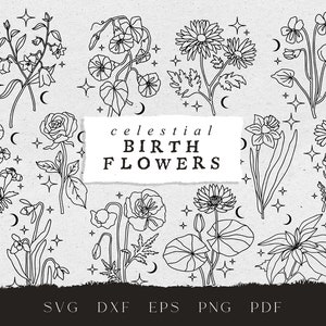Céleste naissance mois fleurs svg, fichiers svg botanique ligne art pour cricut, lune naissance fleur clipart, mariage céleste, muguet