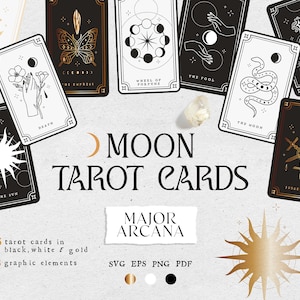 Carte dei Tarocchi della luna SVG, Tarocchi celesti stampabili in formato SVG, mazzo di tarocchi unico, Tarocchi delle fasi lunari, Arcani maggiori in formato SVG, clipart mistica moderna della strega