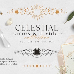 Hemelse cirkelframe SVG, hemelse bruiloft afdrukbare clipart, zon en maan frame SVG-bestanden voor cricut, magische maan paginaverdelers PNG