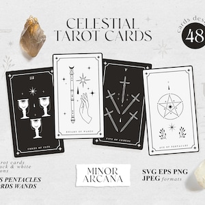 Cartas de tarot de brujas modernas SVG, Arcanos menores tarot celestial archivos svg para CRICUT, Tarot leyendo png IMPRIMIBLE, Imágenes prediseñadas únicas de la baraja de tarot