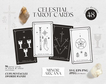 Modern witch tarot cards SVG, Minor arcana celestial tarot svg files for CRICUT, Tarot reading PRINTABLE png, Unique tarot deck clipart