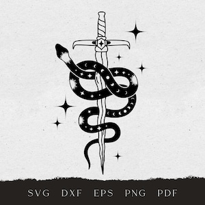 Adaga de cobra da lua celestial svg, clipart de design de tatuagem de cobra mística, arquivo svg de espada mágica para cricut, fases da lua svg, cobra boho svg