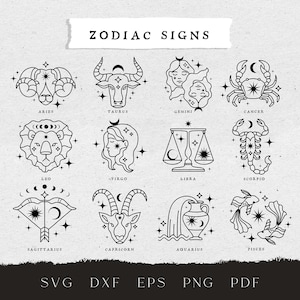 Celestial Zodiac Signs svg, Astrología svg archivos para cricut, Celestial zodiac clipart png, Cáncer, Leo, Gemini zodiac svg, Mystical svg